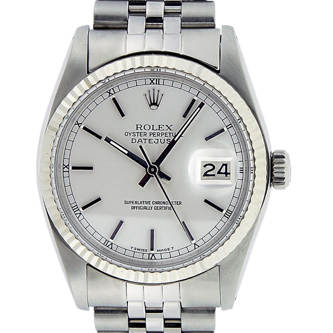 Rolex Mens Stainless Steel 36MM Silver Index Fluted: One Mens Rolex Stainless Steel Rolex Datejust Polished, Serviced & Electronically Tested, Stainless Steel Case: 36mm, Stainless Steel Crown, Bezel: 14K White Gold Fluted Bezel. Custom Crystal: New Acr