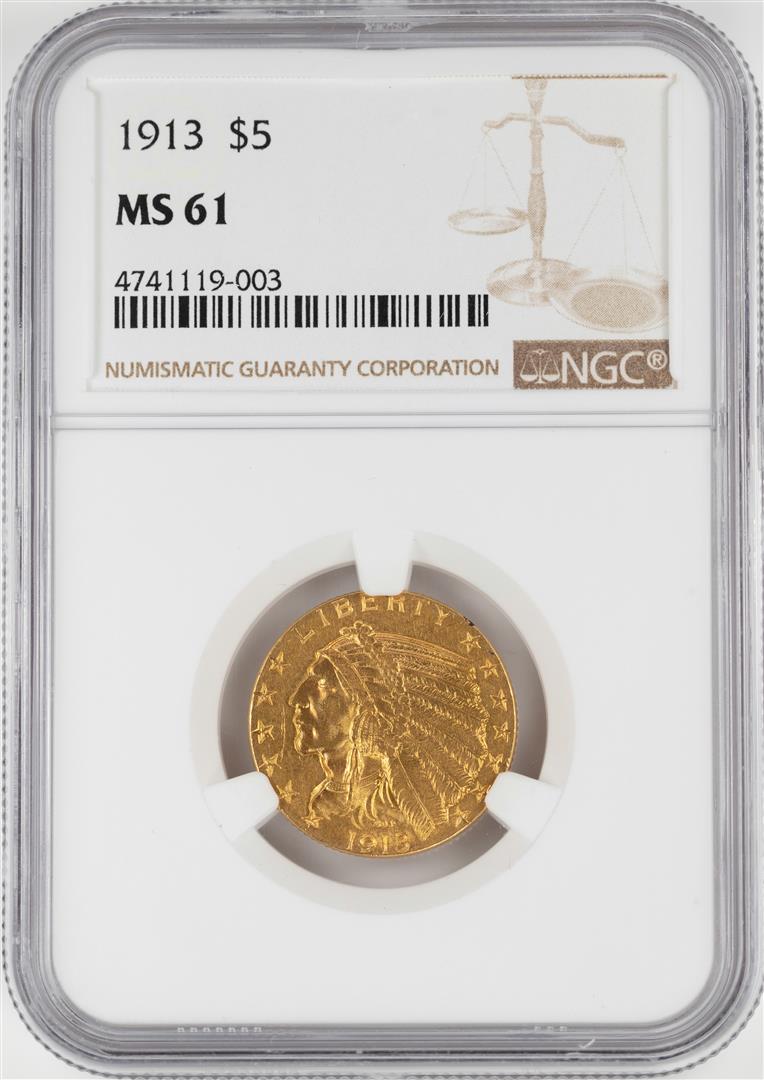 1913 $5 Indian Head Half Eagle Gold Coin NGC MS61: One 1913 $5 Indian Head Half Eagle Gold Coin NGC MS61. NGC Certified.