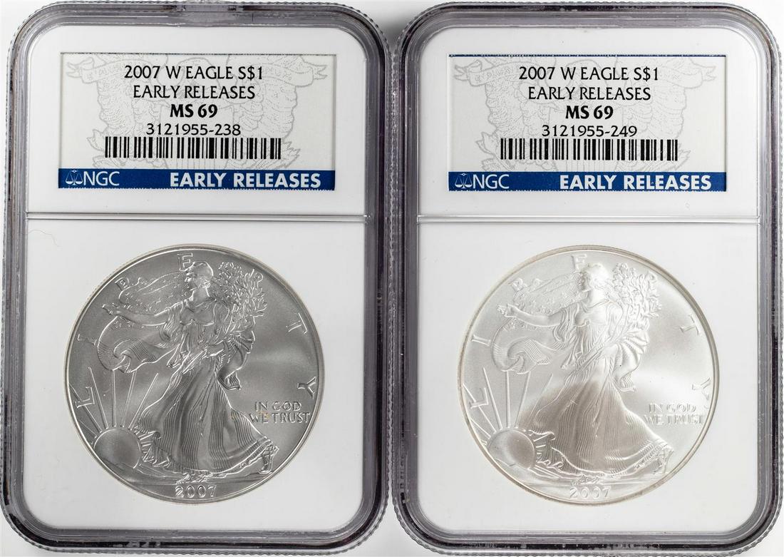 Lot of (2) 2007-W $1 American Silver Eagle Coins NGC: One Lot of (2) 2007-W $1 American Silver Eagle Coins NGC MS69 Early Releases. NGC Certified.