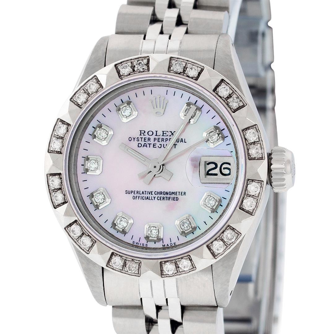 Rolex Ladies Stainless Steel Pink MOP Pyramid Diamond: One Ladies Stainless Steel Rolex Datejust Polished Bright with Satin Finish, Serviced & Electronically Tested, Stainless Steel Case: 26mm, Stainless Steel Crown, Custom Bezel: New 18K White Gold Pyram