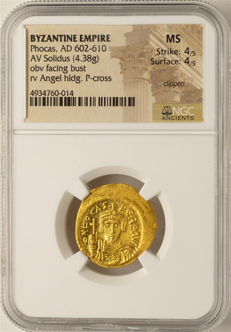 AD 602-610 Phocas Byzantine Empire Solidus Ancient Gold: One AD 602-610 Phocas Byzantine Empire Solidus Ancient Gold Coin NGC MS. NGC Certified.