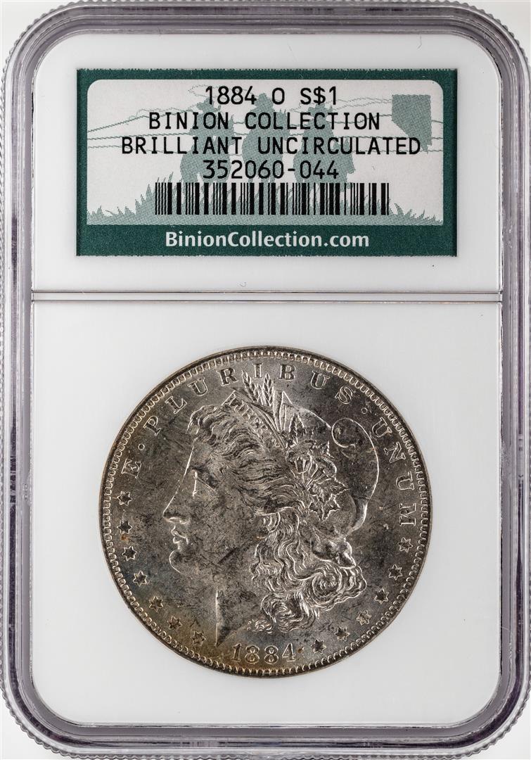 1884-O $1 Morgan Silver Dollar Coin NGC Brilliant: One 1884-O $1 Morgan Silver Dollar Coin NGC Brilliant Uncirculated Binion Hoard. NGC Certified.