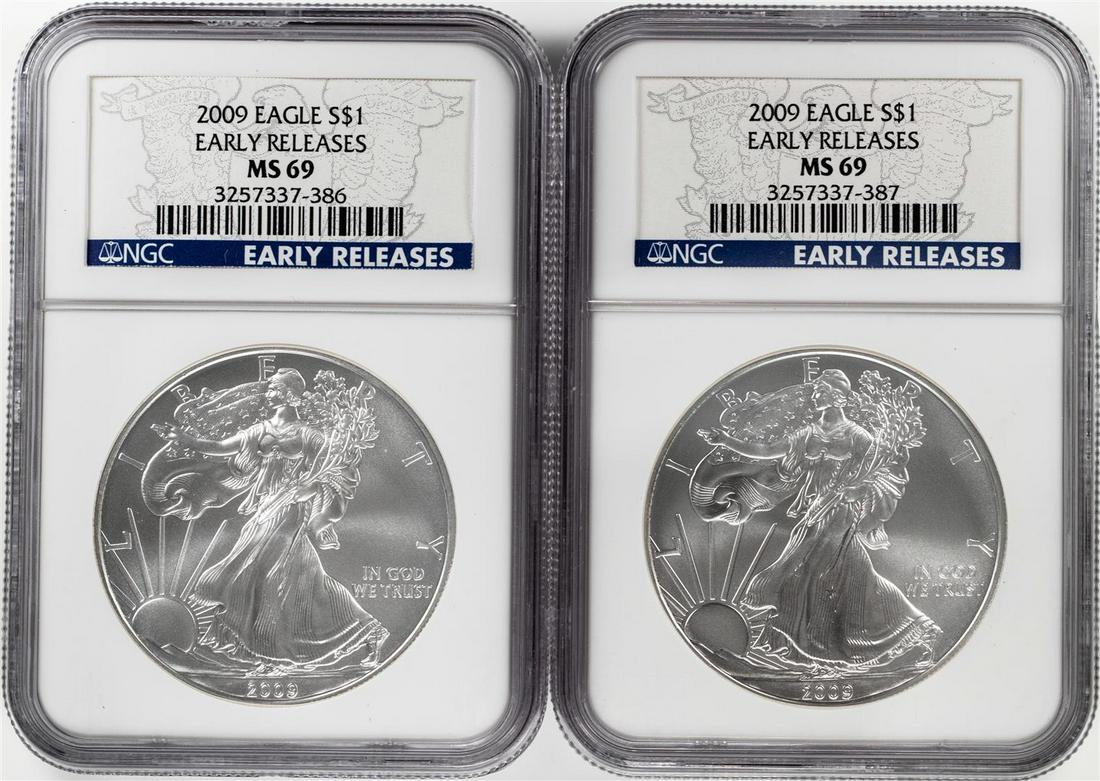 Lot of (2) 2009 $1 American Silver Eagle Coins NGC MS69: One Lot of (2) 2009 $1 American Silver Eagle Coins NGC MS69 Early Releases. NGC Certified.
