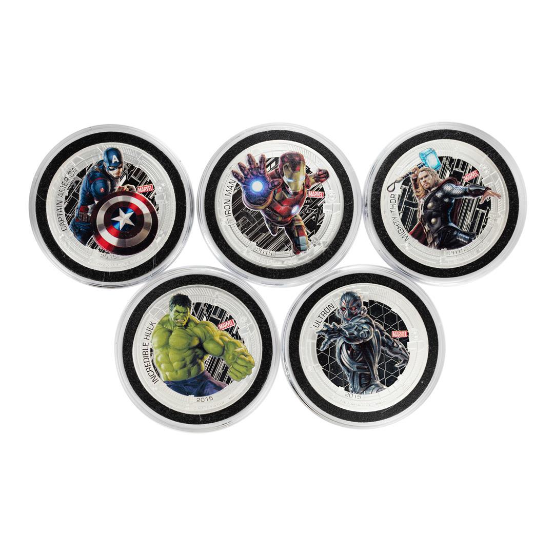 Set of (5) 2015 Niue $2 Proof Avengers Age of Ultron: One Set of (5) 2015 Niue $2 Proof Avengers Age of Ultron Silver Coins.