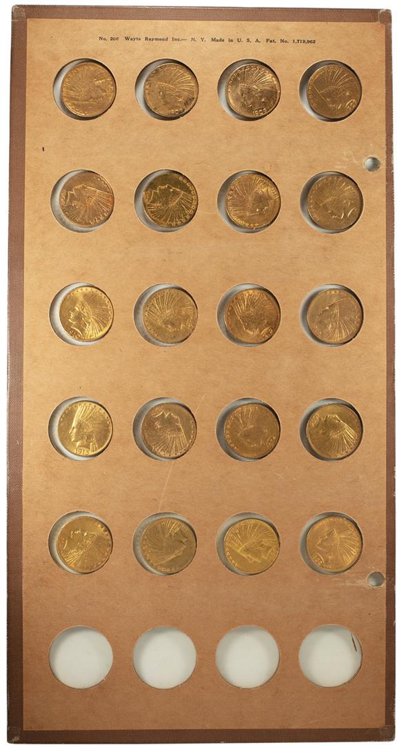 Lot of (20) Different $10 Indian Head Eagle Gold Coins: Lot of (20) Different $10 Indian Head Eagle Gold Coins in old Wayte Raymond order including the following dates: 1907,1908, 1908D, 1909, 1909D, 1909S,1910,1910D,1910S,1911,1912,1912S,1913,1913S,1914,1