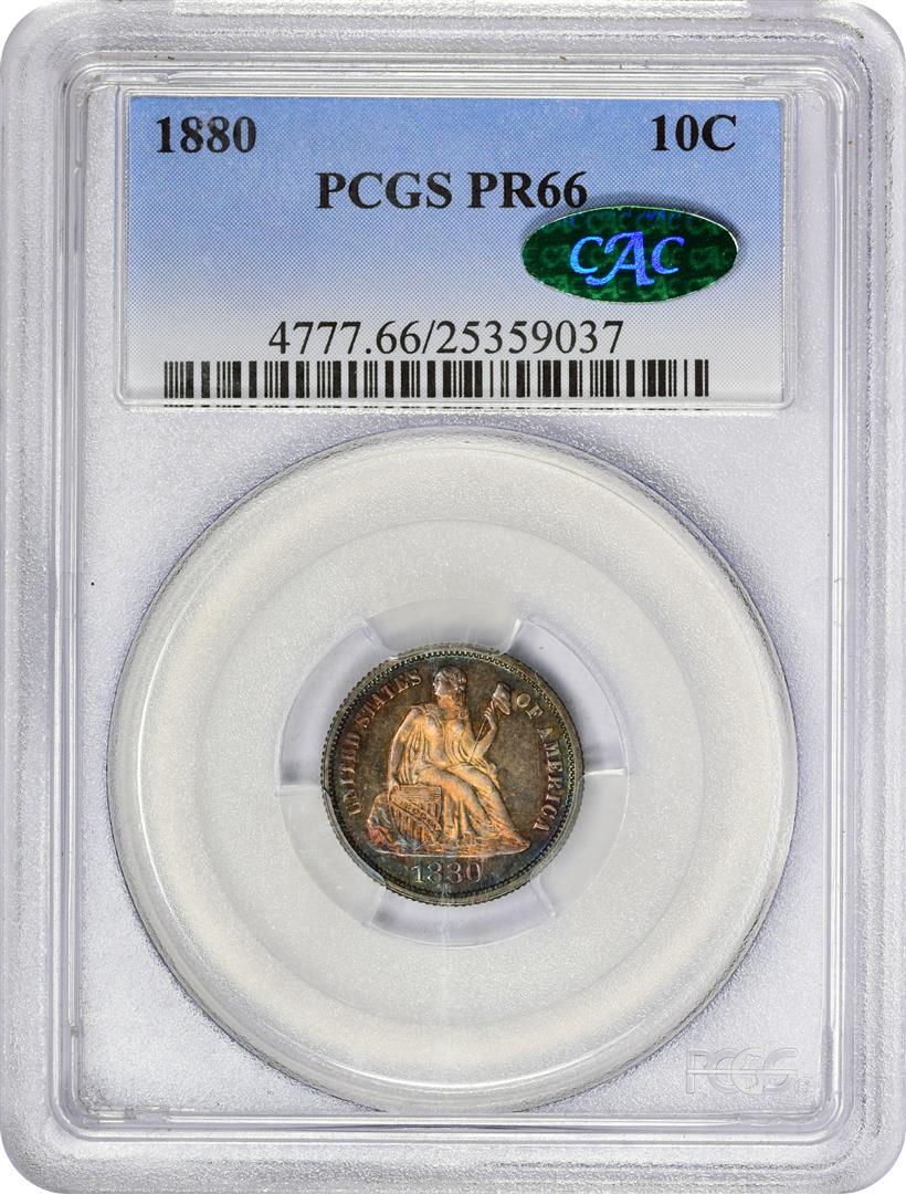 1880 Proof Seated Liberty Dime Coin PCGS PR66 CAC: One 1880 Proof Seated Liberty Dime Coin PCGS PR66 CAC Amazing Toning. PCGS Graded.