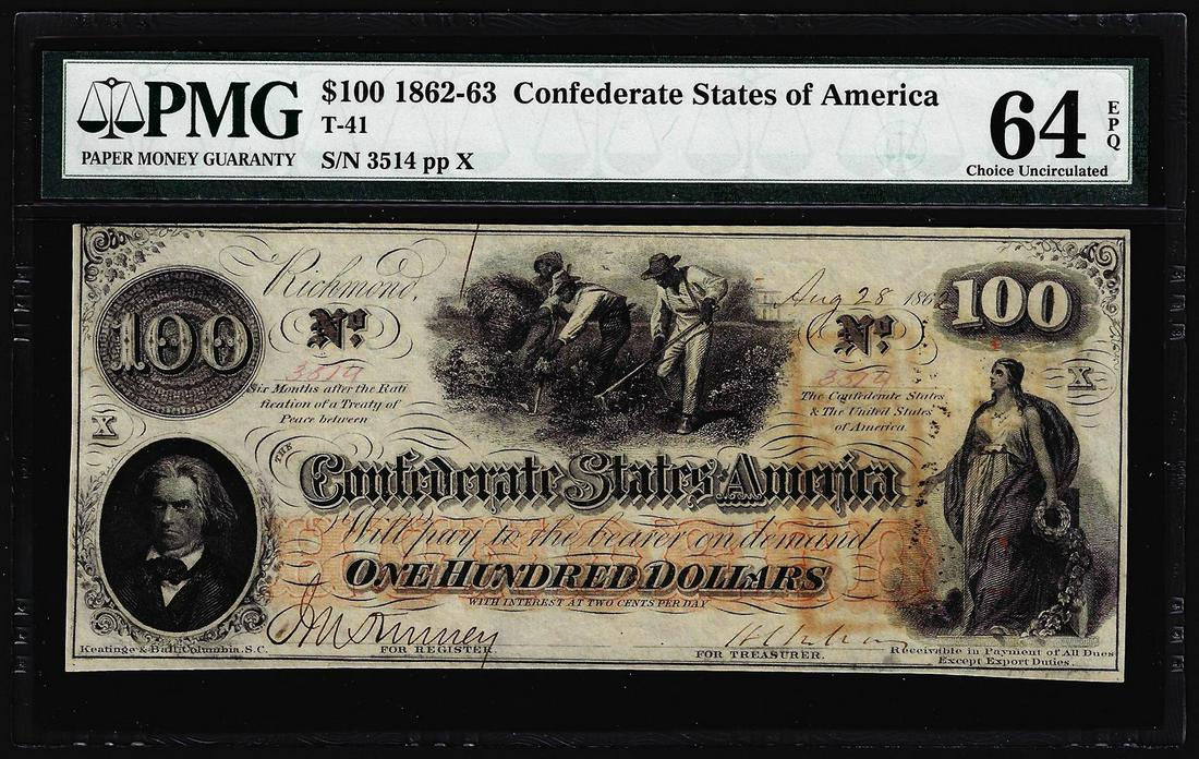 1862 $100 Confederate States of America Note T-41 PMG: One 1862 $100 Confederate States of America Note T-41 PMG Choice Uncirculated 64EPQ. PMG Certified.