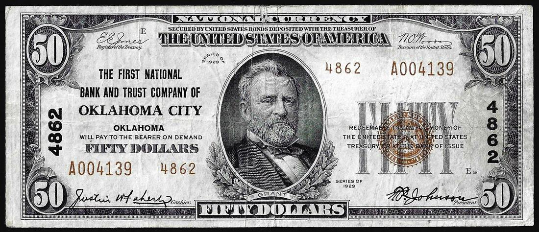 1929 $50 First NB and Trust Company Oklahoma City, OK: One 1929 $50 First NB and Trust Company Oklahoma City, OK CH# 4862 National Currency Note.