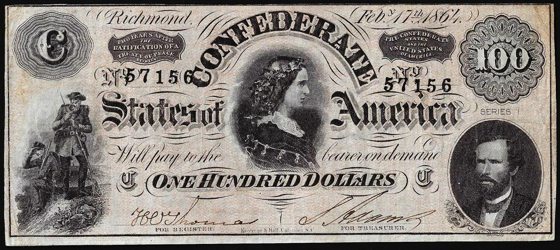 1864 $100 Confederate States of America Note: One 1864 $100 Confederate States of America Note.