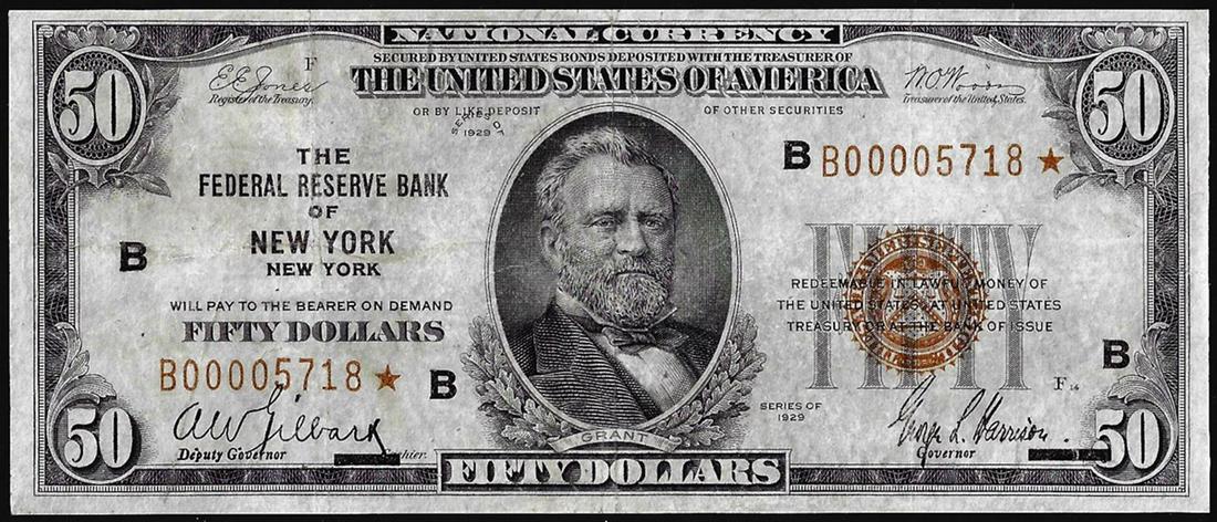 1929 $50 Federal Reserve Bank STAR Note New York: One 1929 $50 Federal Reserve Bank STAR Note New York.