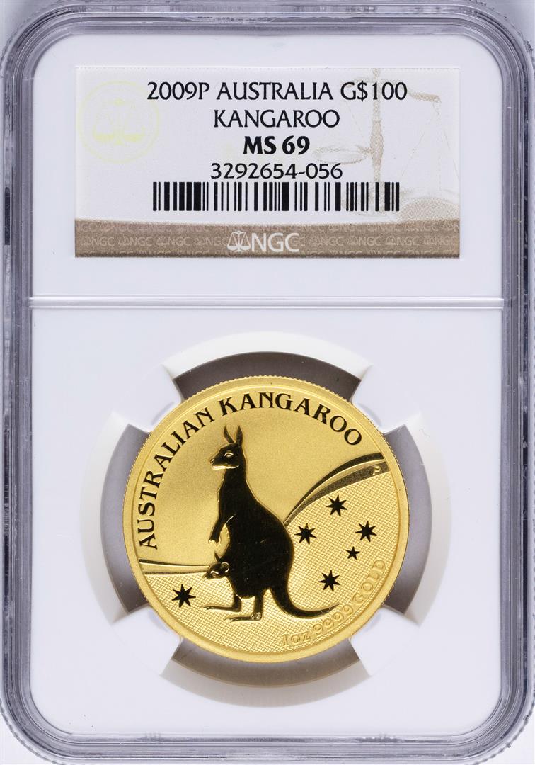 2009P $100 Australia Kangaroo Gold Coin NGC MS69: One 2009P $100 Australia Kangaroo Gold Coin NGC MS69. NGC Certified.