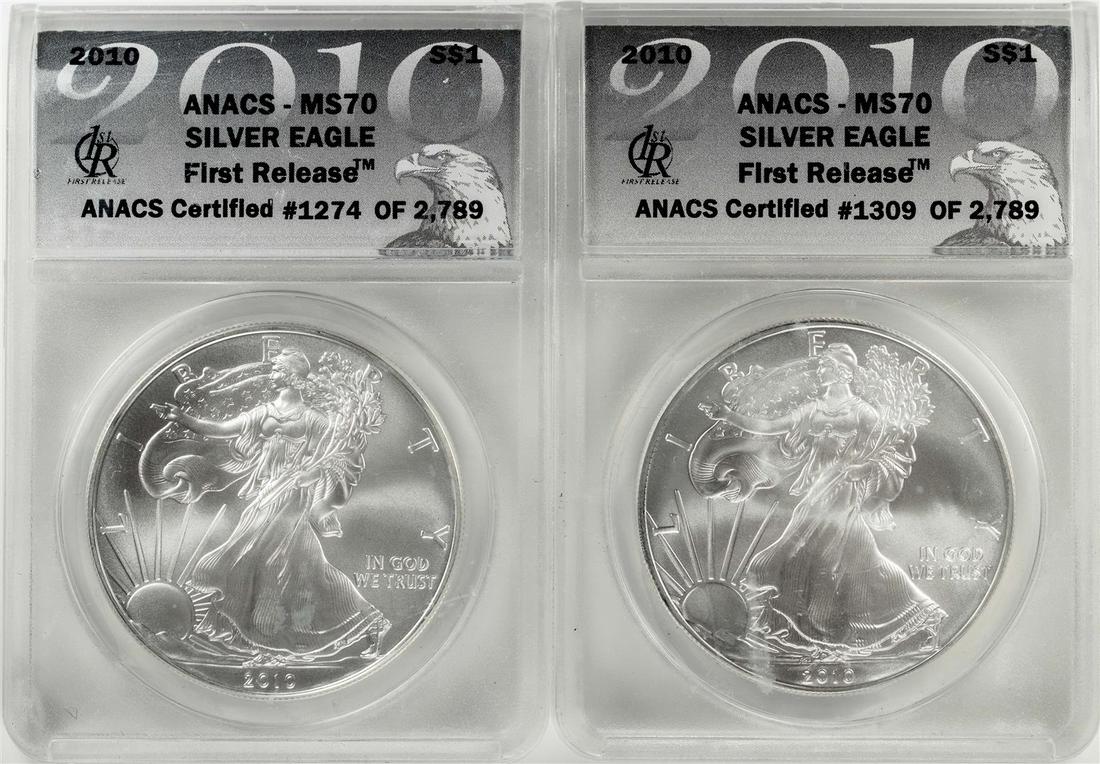 Lot of (2) 2010 $1 American Silver Eagle Coins ANACS: One Lot of (2) 2010 $1 American Silver Eagle Coins ANACS MS70 First Release. ANACS Certified.