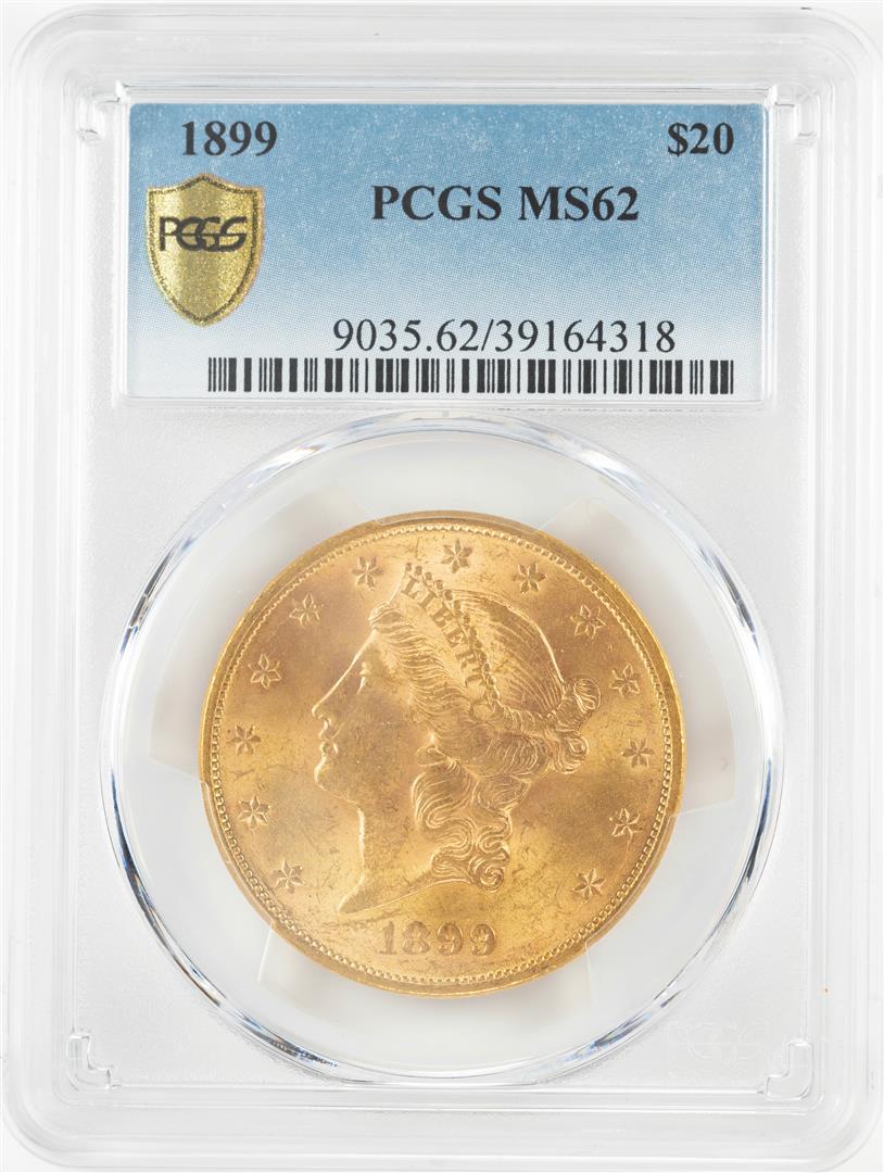 1899 $20 Liberty Head Double Eagle Gold Coin PCGS MS62: One 1899 $20 Liberty Head Double Eagle Gold Coin PCGS MS62. PCGS Graded.