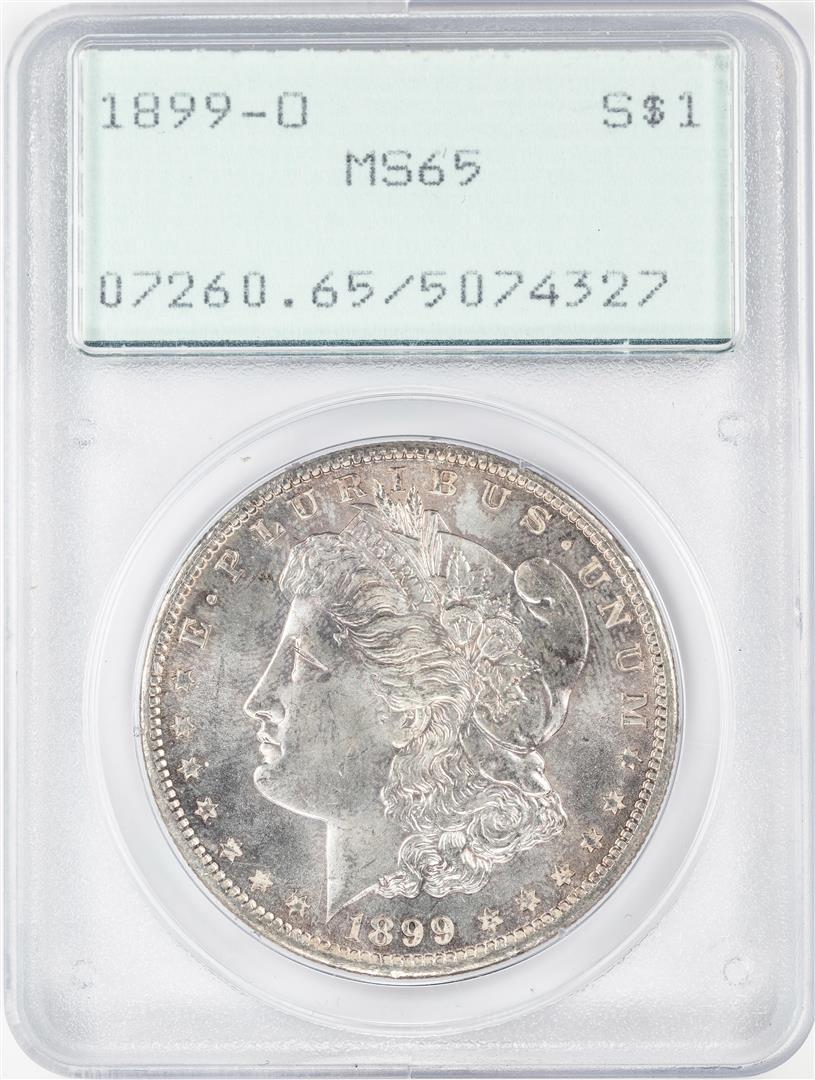 1899-O $1 Morgan Silver Dollar Coin PCGS MS65 Old Green: One 1899-O $1 Morgan Silver Dollar Coin PCGS MS65 Old Green Rattler. PCGS Graded.