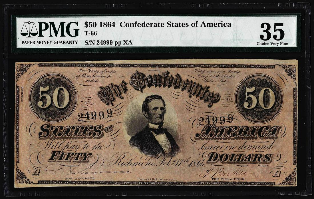 1864 $50 Confederate States of America Note T-66 PMG: One 1864 $50 Confederate States of America Note T-66 PMG Choice Very Fine 35. PMG Certified.