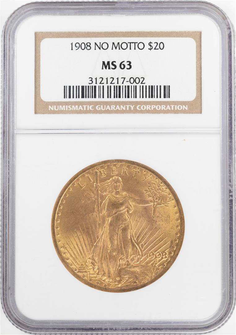 1908 No Motto $20 St. Gaudens Double Eagle Gold Coin: One 1908 No Motto $20 St. Gaudens Double Eagle Gold Coin NGC MS63. NGC Certified.