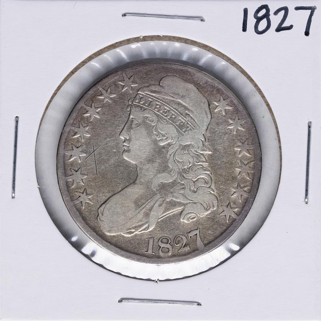 1827 Capped Bust Half Dollar Coin: One 1827 Capped Bust Half Dollar Coin.