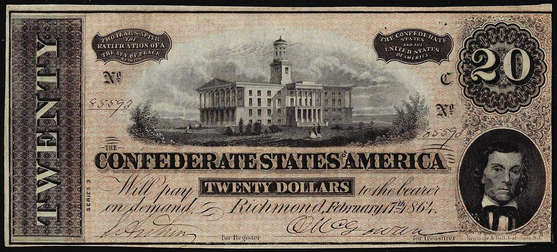 1864 $20 Confederate States of America Note: One 1864 $20 Confederate States of America Note.