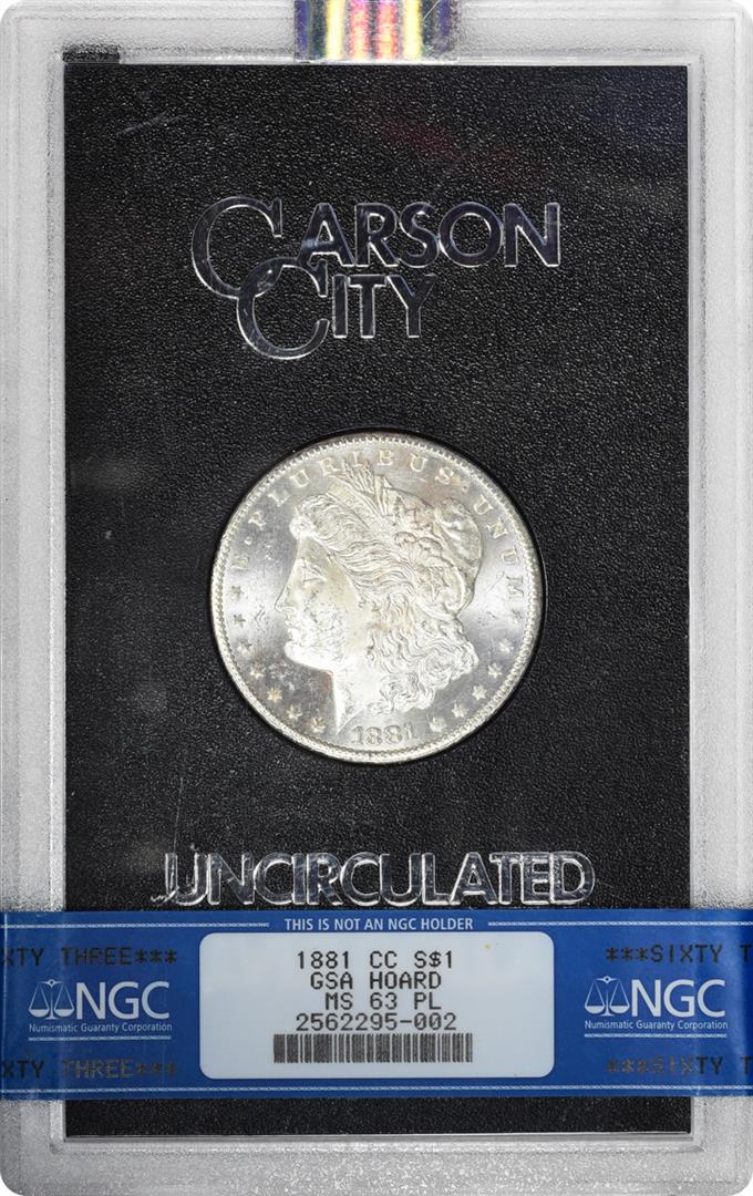 1881-CC $1 Morgan Silver Dollar Coin GSA Hoard NGC MS63: One 1881-CC $1 Morgan Silver Dollar Coin GSA Hoard NGC MS63 Proof Like. NGC Certified.