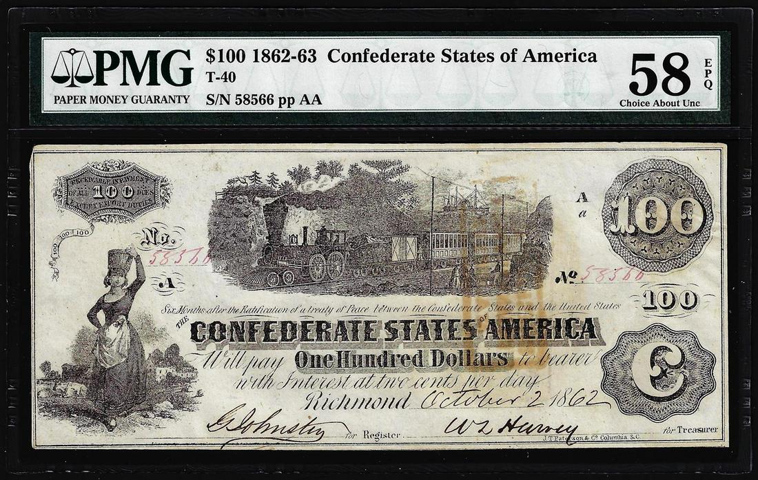 1862 $100 Confederate States of America Note T-40 PMG: One 1862 $100 Confederate States of America Note T-40 PMG About Uncirculated 58EPQ. PMG Certified.