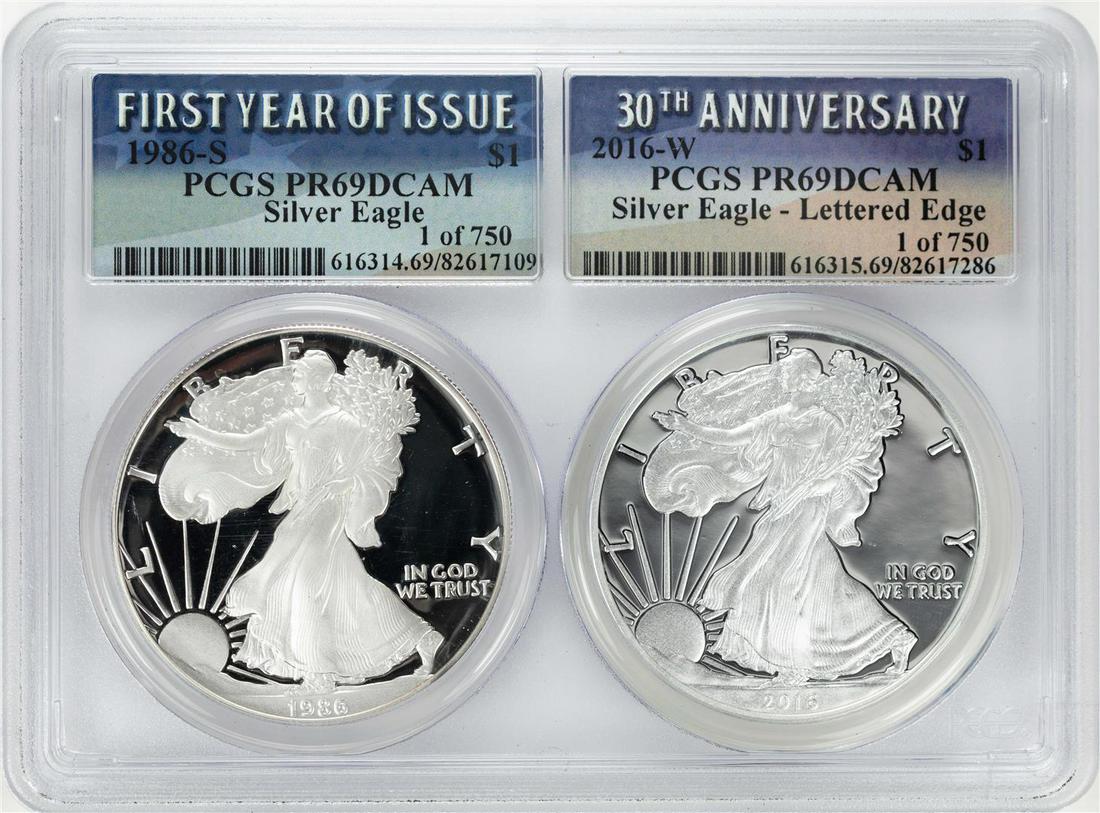 1986-S & 2016-W $1 Proof American Silver Eagle Coin Set: One 1986-S & 2016-W $1 Proof American Silver Eagle Coin Set PCGS PR69DCAM. PCGS Graded.