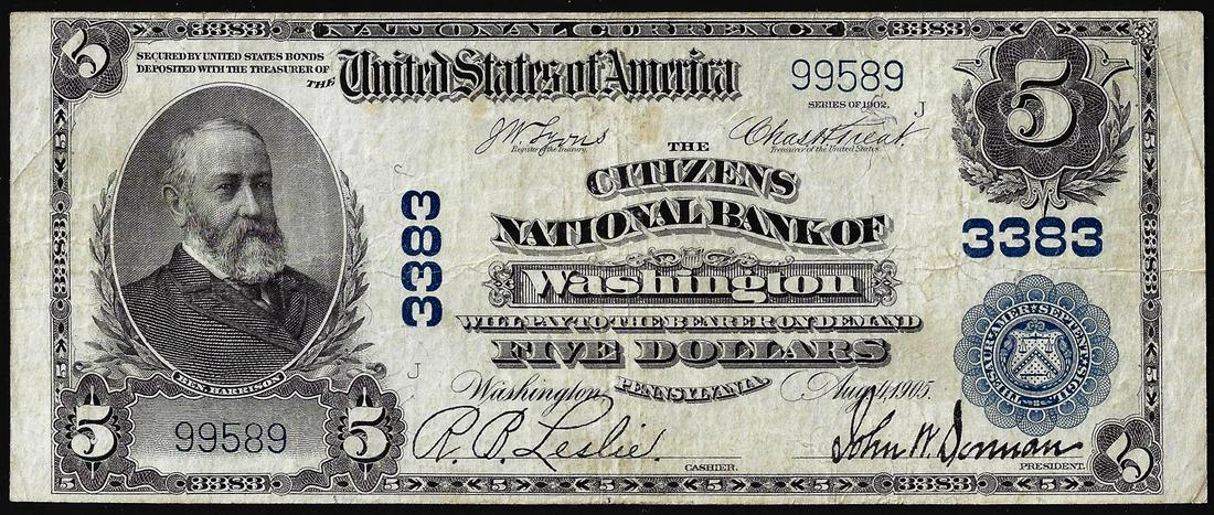 1902 PB $5 Citizens NB of Washington, Pennsylvania CH#: One 1902 PB $5 Citizens NB of Washington, Pennsylvania CH# 3383 National Currency Note.