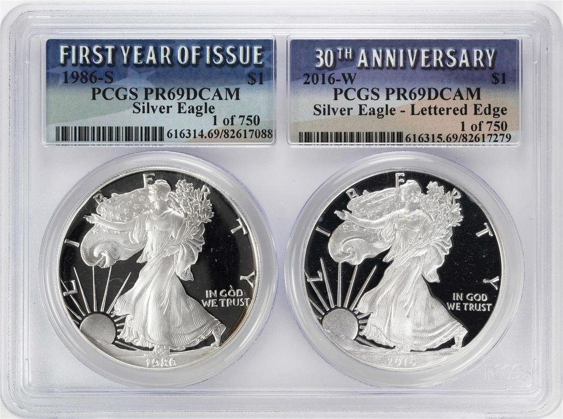 1986-S & 2016-W $1 Proof American Silver Eagle Coin Set: One 1986-S & 2016-W $1 Proof American Silver Eagle Coin Set PCGS PR69DCAM. PCGS Graded.