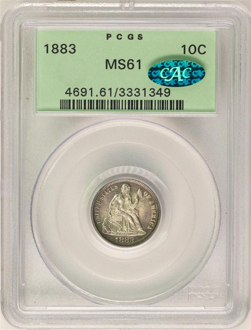 1883 Seated Liberty Dime Coin PCGS MS61 CAC Old Green: One 1883 Seated Liberty Dime Coin PCGS MS61 CAC Old Green Holder. PCGS Graded.