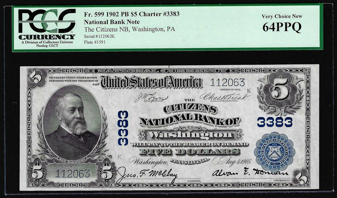 1902PB $5 Citizens NB of Washington, PA CH# 3383: One 1902PB $5 Citizens NB of Washington, PA CH# 3383 National Currency Note PCGS CU64PPQ. PCGS Graded.