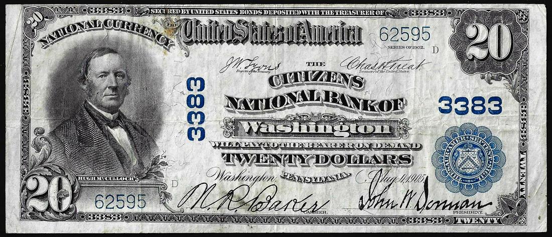 1902 PB $20 Citizens NB of Washington, Pennsylvania CH#: One 1902 PB $20 Citizens NB of Washington, Pennsylvania CH# 3383 National Currency Note.