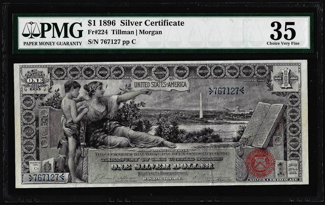 1896 $1 Educational Silver Certificate Note Fr.224 PMG: One 1896 $1 Educational Silver Certificate Note Fr.224 PMG Choice Very Fine 35. PMG Certified.