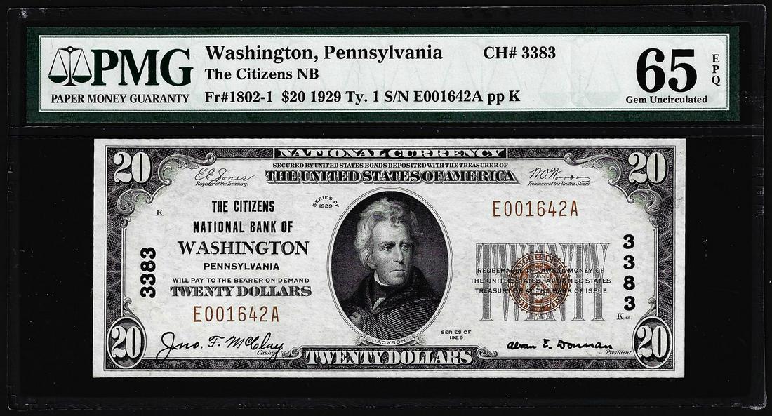1929 $20 Citizens NB Washington, PA CH# 3383 National: One 1929 $20 Citizens NB Washington, PA CH# 3383 National Note PMG Choice Gem Unc 65EPQ. PMG Certified.