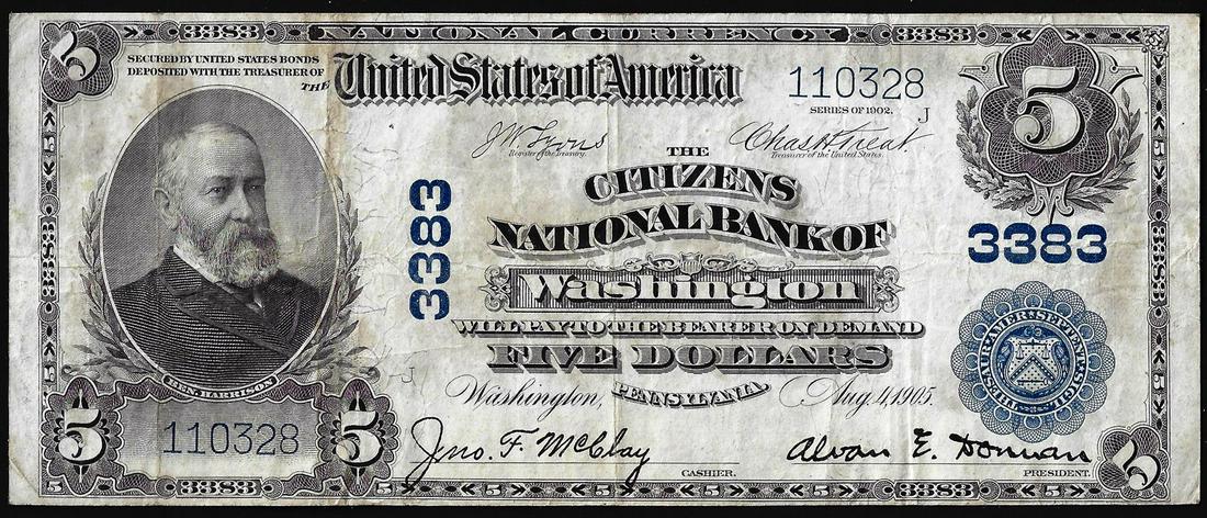 1902 PB $5 Citizens NB of Washington, Pennsylvania CH#: One 1902 PB $5 Citizens NB of Washington, Pennsylvania CH# 3383 National Currency Note.
