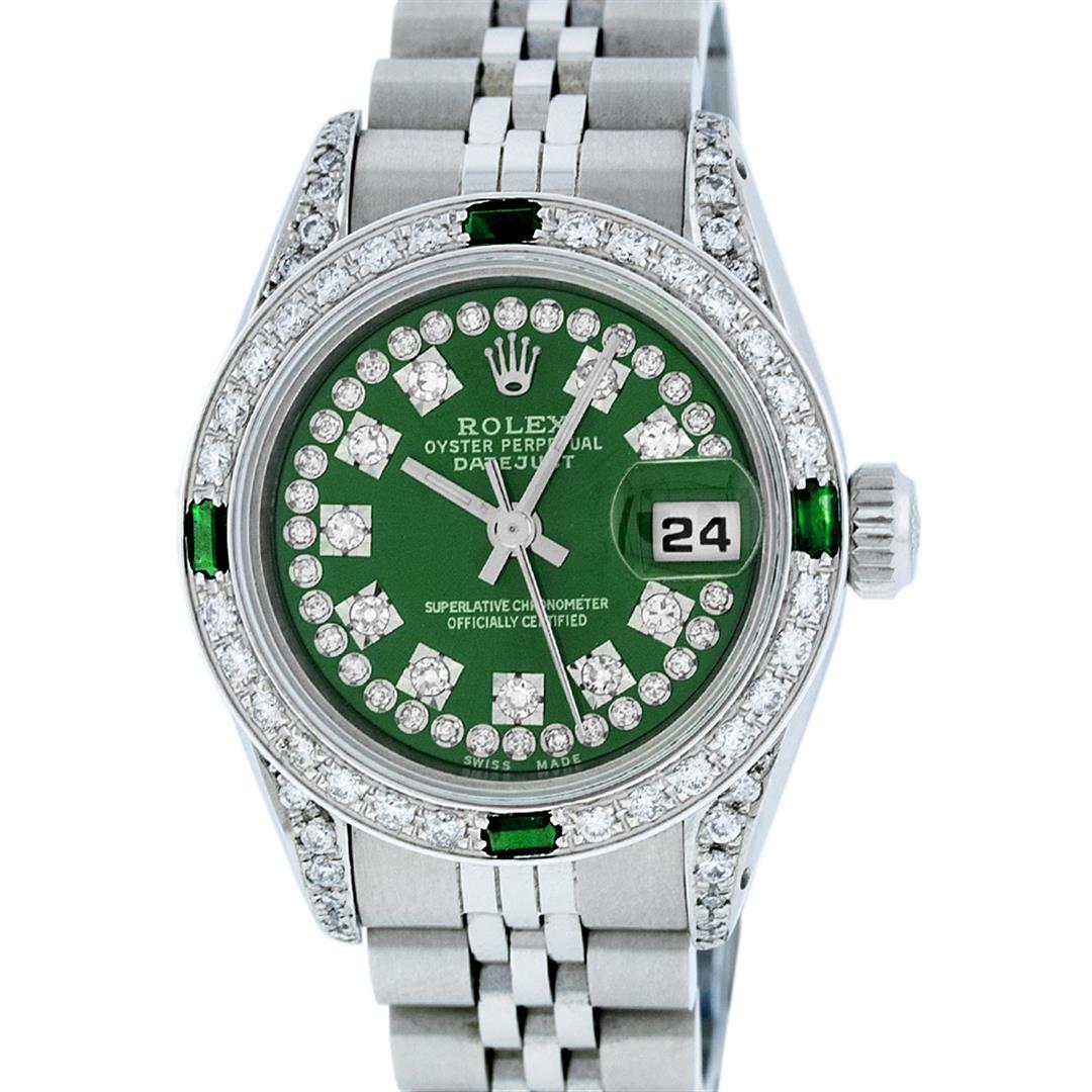 Rolex Ladies Stainless Steel 26MM Green Diamond Lugs: One Ladies Stainless Steel Rolex Datejust Polished Bright with Satin Finish, Serviced & Electronically Tested, Stainless Steel Case: 26mm, Stainless Steel Crown, Diamond Lugs: 24 Diamonds On Lugs, Cla
