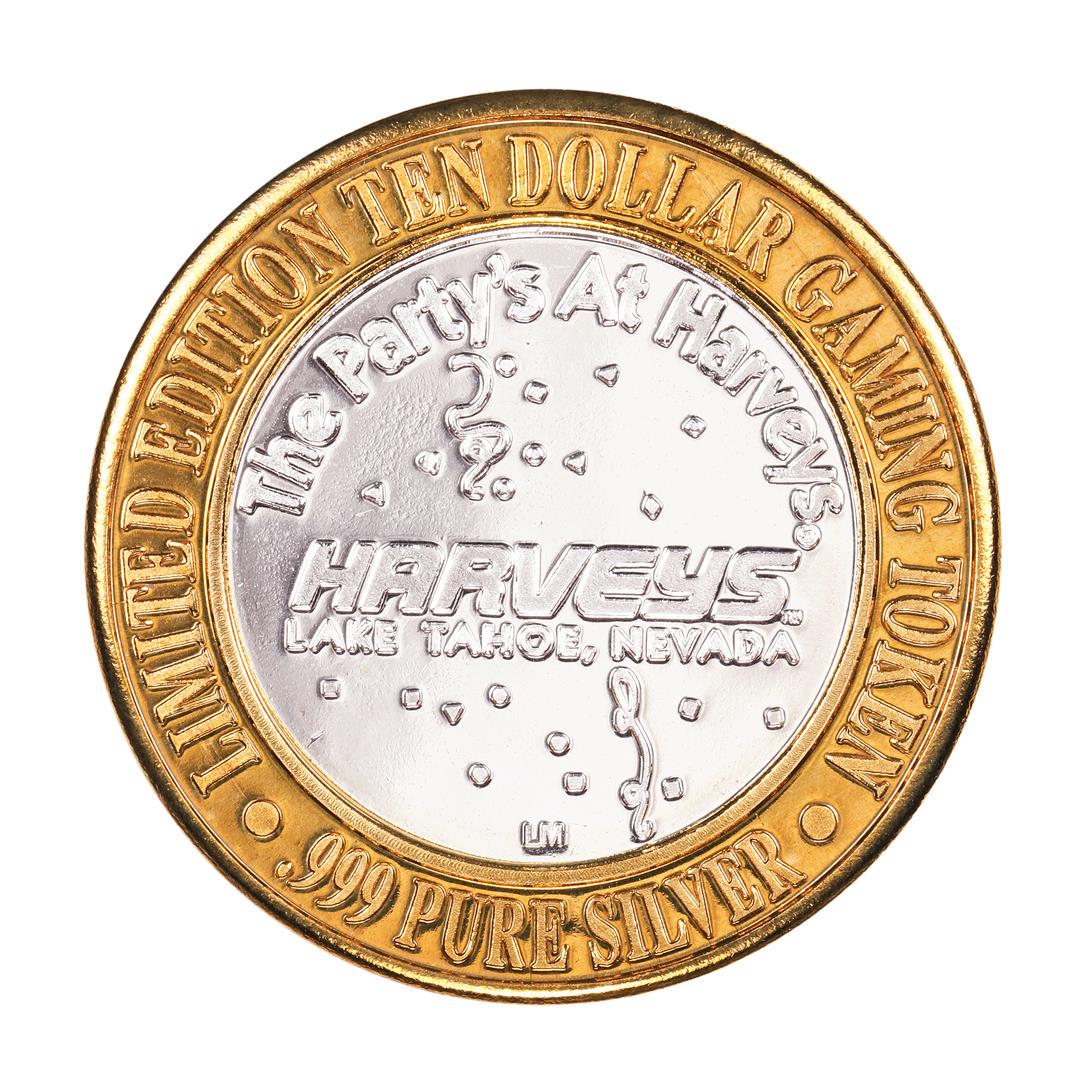 .999 Fine Silver Harveys Resort Lake Tahoe, Nevada $10: One .999 Fine Silver Harveys Resort Lake Tahoe, Nevada $10 Limited Edition Gaming Token.