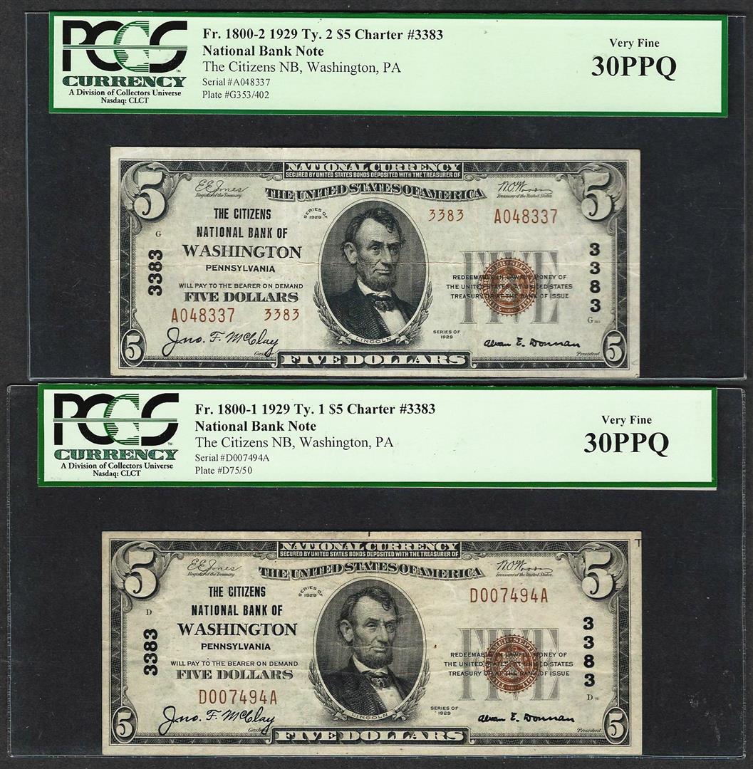 1929 $5 Ty.1/2 Citizens NB Washington, PA CH# 3383: One 1929 $5 Ty.1/2 Citizens NB Washington, PA CH# 3383 National Currency Notes PCGS VF30PPQ. PCGS Graded.