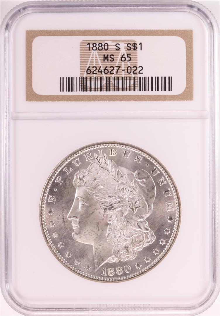 1880-S $1 Morgan Silver Dollar Coin NGC MS65 Old Holder: One 1880-S $1 Morgan Silver Dollar Coin NGC MS65 Old Holder. NGC Certified.