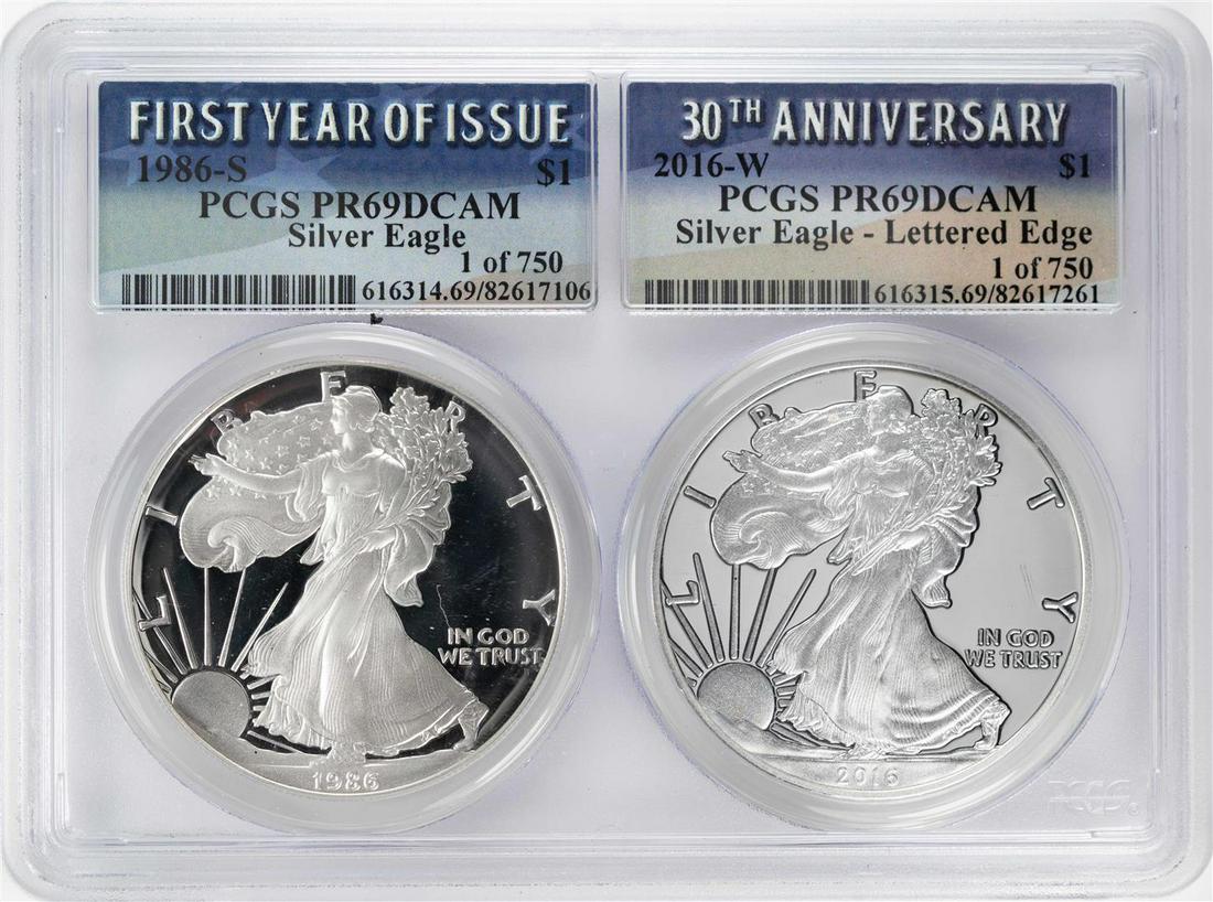 1986-S & 2016-W $1 Proof American Silver Eagle Coin Set: One 1986-S & 2016-W $1 Proof American Silver Eagle Coin Set PCGS PR69DCAM. PCGS Graded.