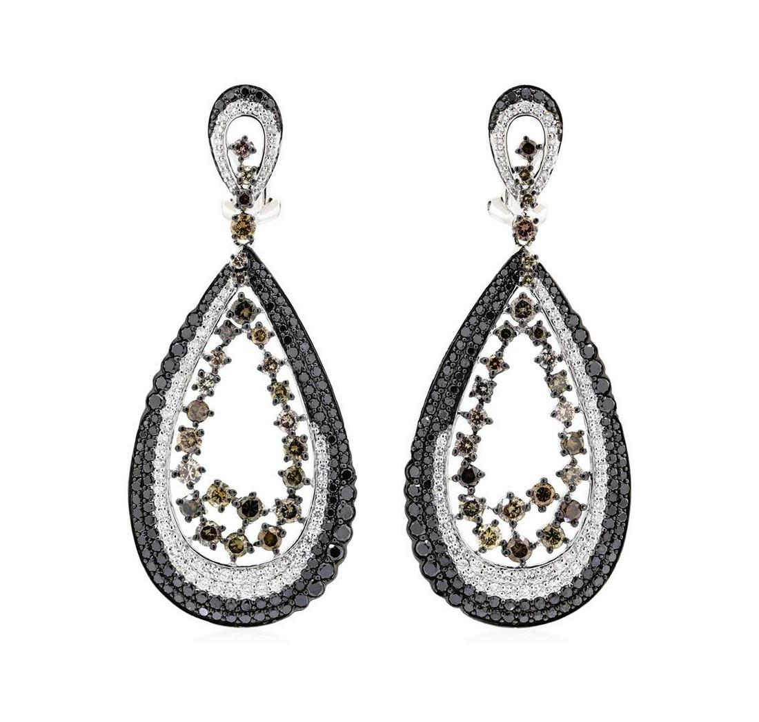 18KT White Gold 4.88ctw Black, Brown and White Diamond: One pair electronically tested 18KT white gold Ladies combination cast & assembled tear drop dangle earrings with hinged clip backs with a bright polish finish. The featured Ladies earrings have black