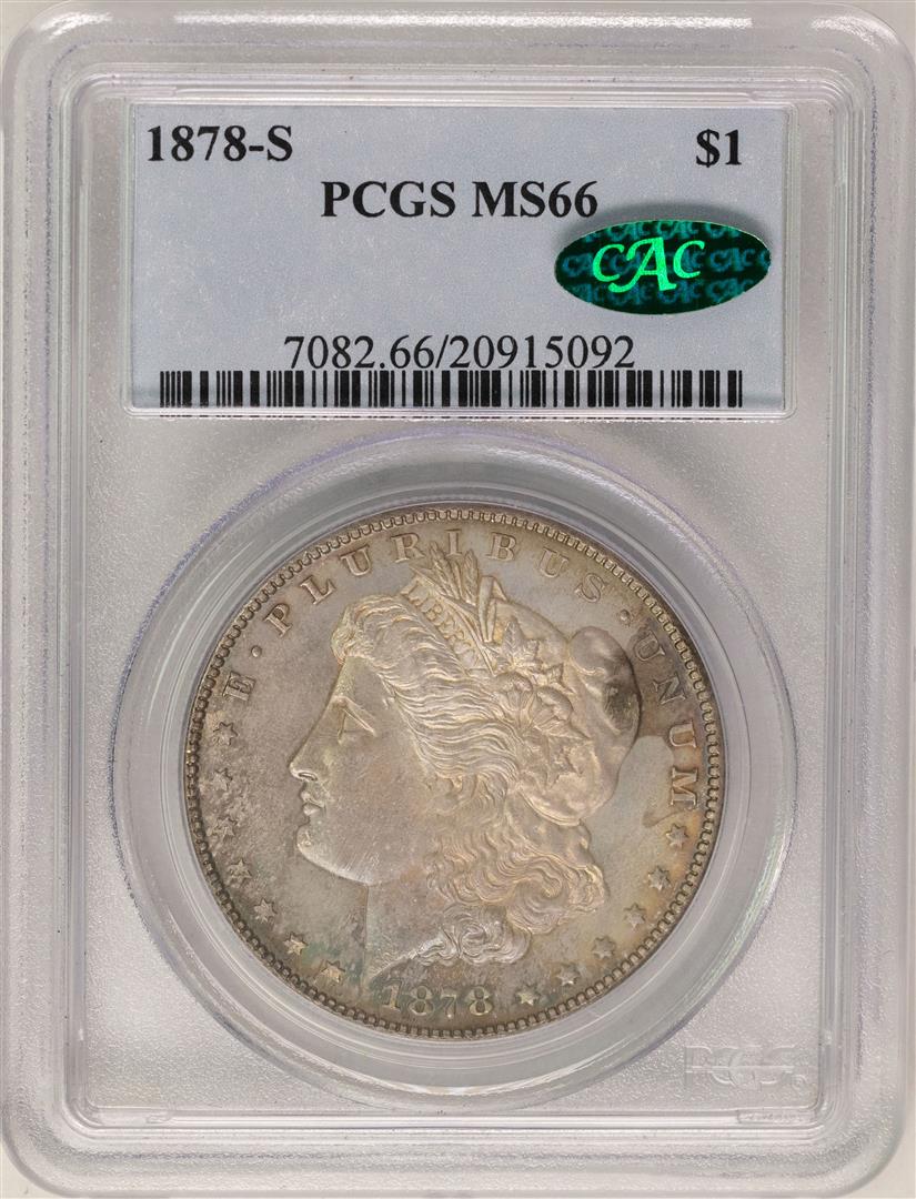 1878-S $1 Morgan Silver Dollar Coin PCGS MS66 CAC Nice: One 1878-S $1 Morgan Silver Dollar Coin PCGS MS66 CAC. PCGS Graded.