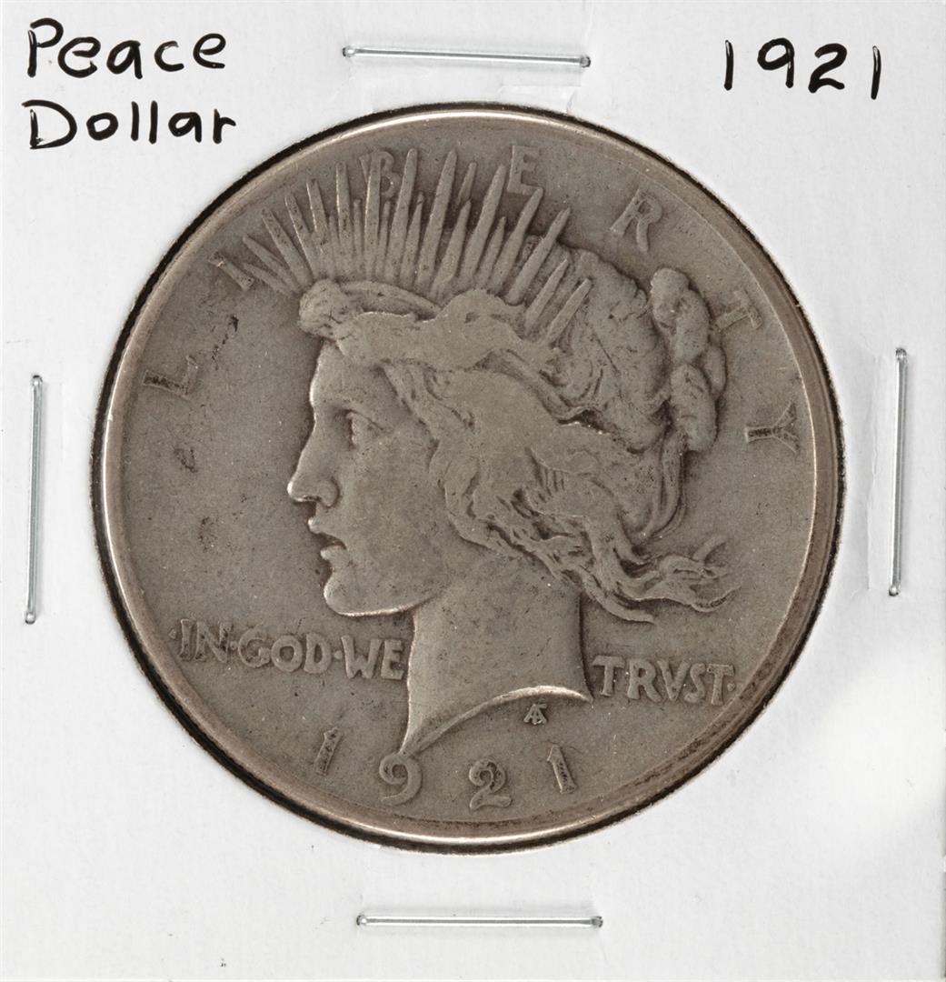 1921 $1 Peace Silver Dollar Coin: One 1921 $1 Peace Silver Dollar Coin.
