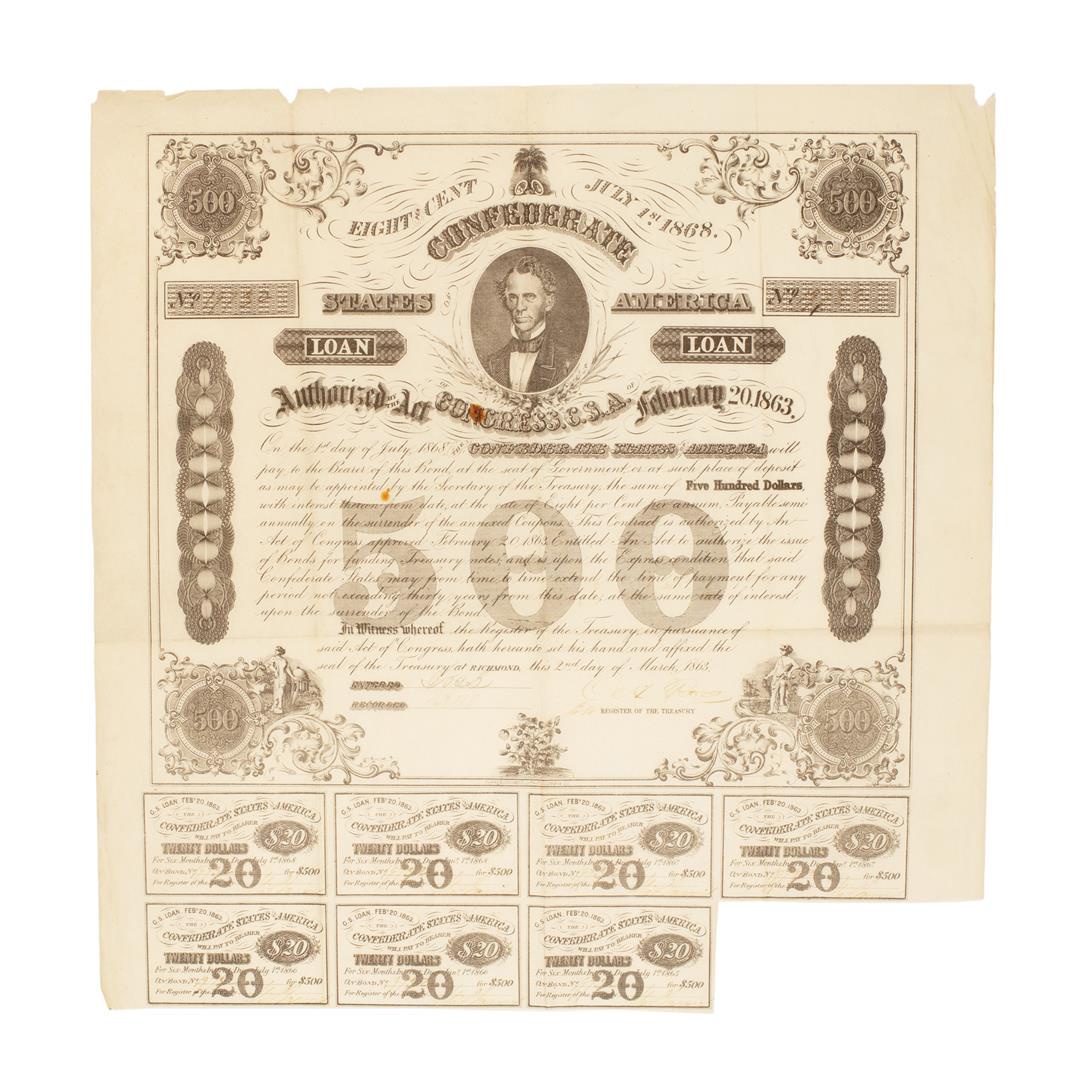 February 20, 1863 $500 Confederate States of America: One February 20, 1863 $500 Confederate States of America Bond.