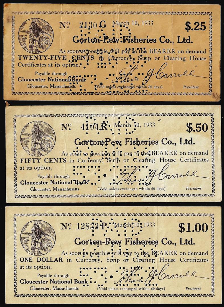 Lot of (3) 1933 Gorton-Pew Fisheries Co., LTD: One Lot of (3) 1933 Gorton-Pew Fisheries Co., LTD Massachusetts Depression Scrip Notes.