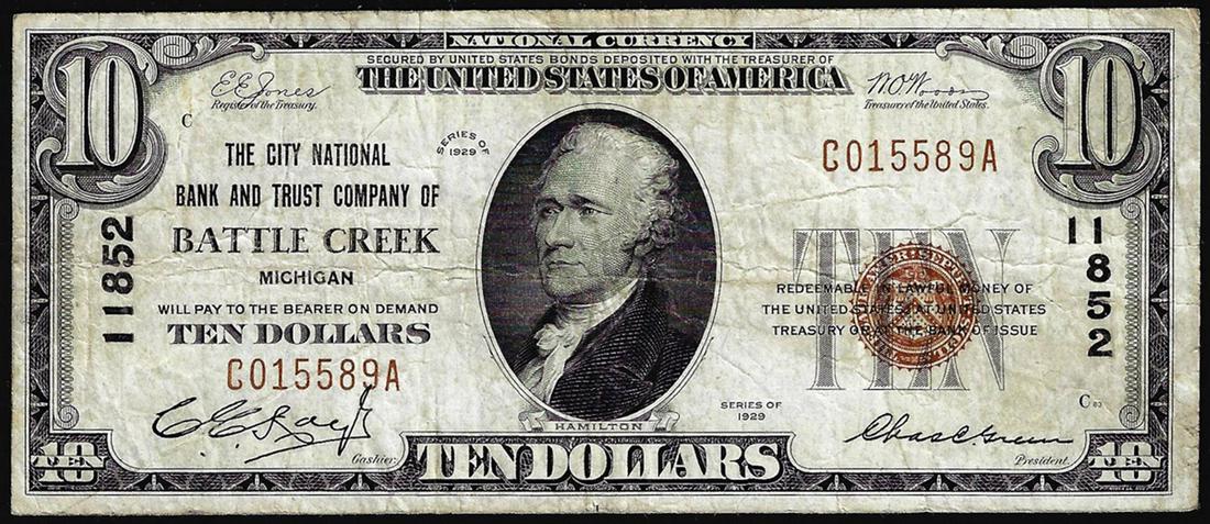 1929 $10 City NB and Trust Battle Creek, MI CH# 11852: One 1929 $10 City NB and Trust Battle Creek, MI CH# 11852 National Currency Note.