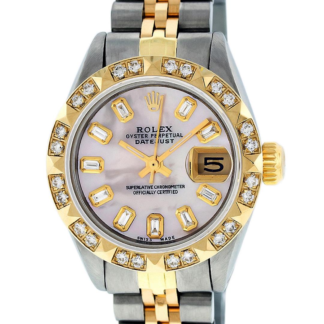 Rolex Ladies Two Tone 14K Pink Mother Of Pearl Pyramid: One Ladies 14 Two Tone Rolex Datejust Polished, Serviced & Electronically Tested, 14K Yellow Gold & Stainless Steel Case: 26mm, 14K Yellow Gold Crown, Custom Bezel: 18K Yellow Gold Pyramid Diamond Bez
