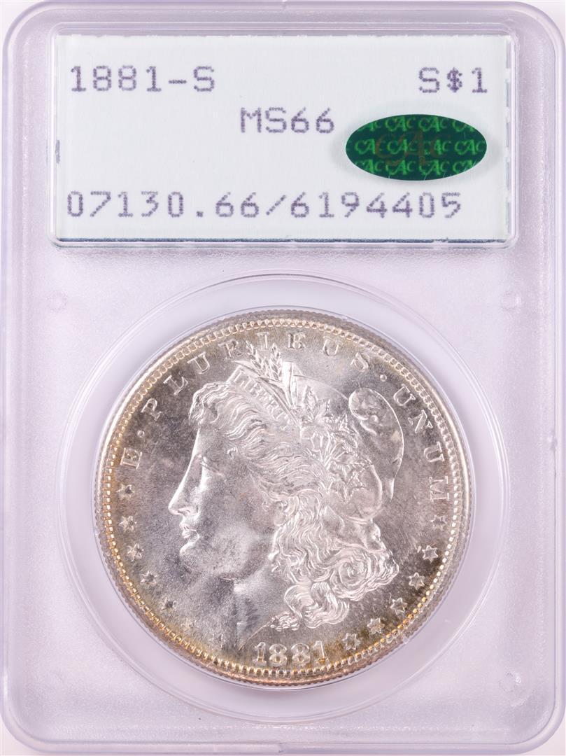 1881-S $1 Morgan Silver Dollar Coin PCGS MS66 CAC Green: One 1881-S $1 Morgan Silver Dollar Coin PCGS MS66 CAC Green Rattler Holder. PCGS Graded.