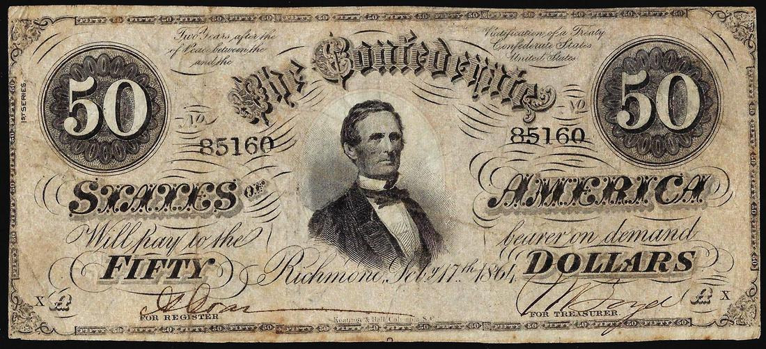 1864 $50 Confederate States of America Note: One 1864 $50 Confederate States of America Note.