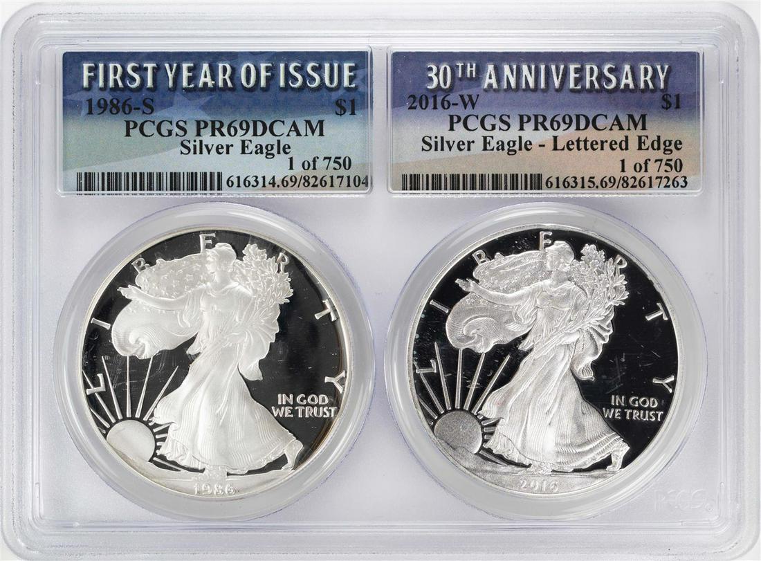 1986-S & 2016-W $1 Proof American Silver Eagle Coin Set: One 1986-S & 2016-W $1 Proof American Silver Eagle Coin Set PCGS PR69DCAM. PCGS Graded.