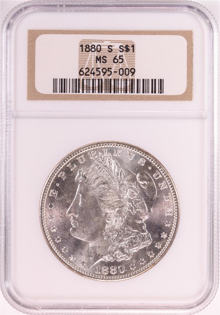 1880-S $1 Morgan Silver Dollar Coin NGC MS65 Old Holder: One 1880-S $1 Morgan Silver Dollar Coin NGC MS65 Old Holder. NGC Certified.