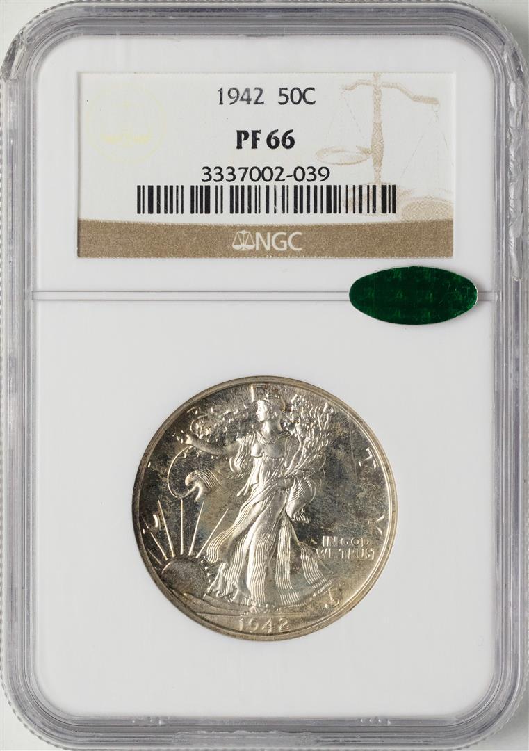 1942 Proof Walking Liberty Half Dollar Coin NGC PF66: One 1942 Proof Walking Liberty Half Dollar Coin NGC PF66 CAC. NGC Certified.